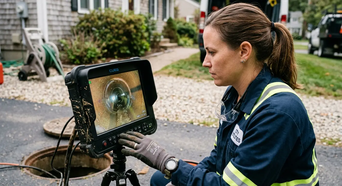 Technician reviewing sewer camera inspection footage in Claymont