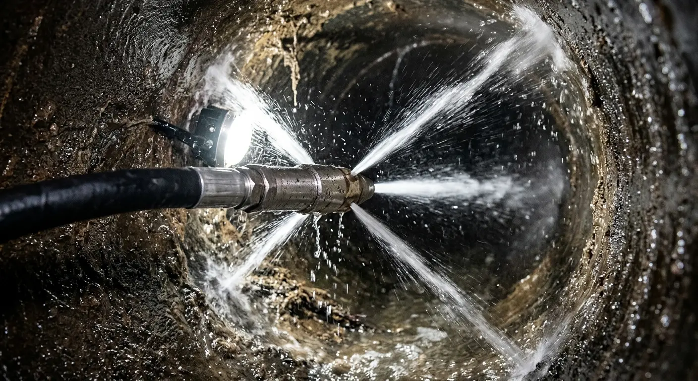 High-pressure hydro jetting nozzle cleaning sewer pipe for Sewer Cleanout in Claymont