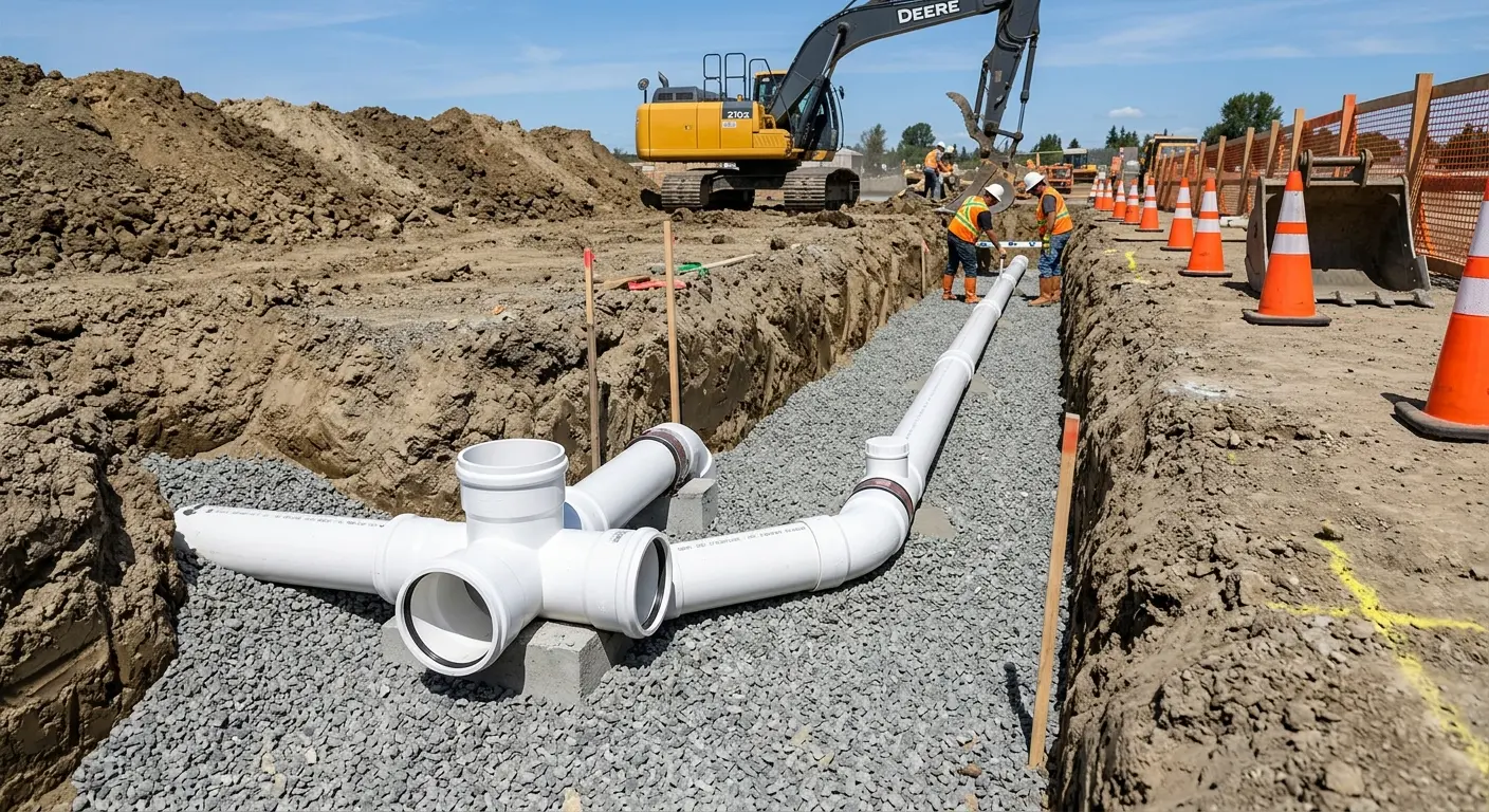 New PVC sewer pipe installation in open trench for Sewer Backup in Claymont