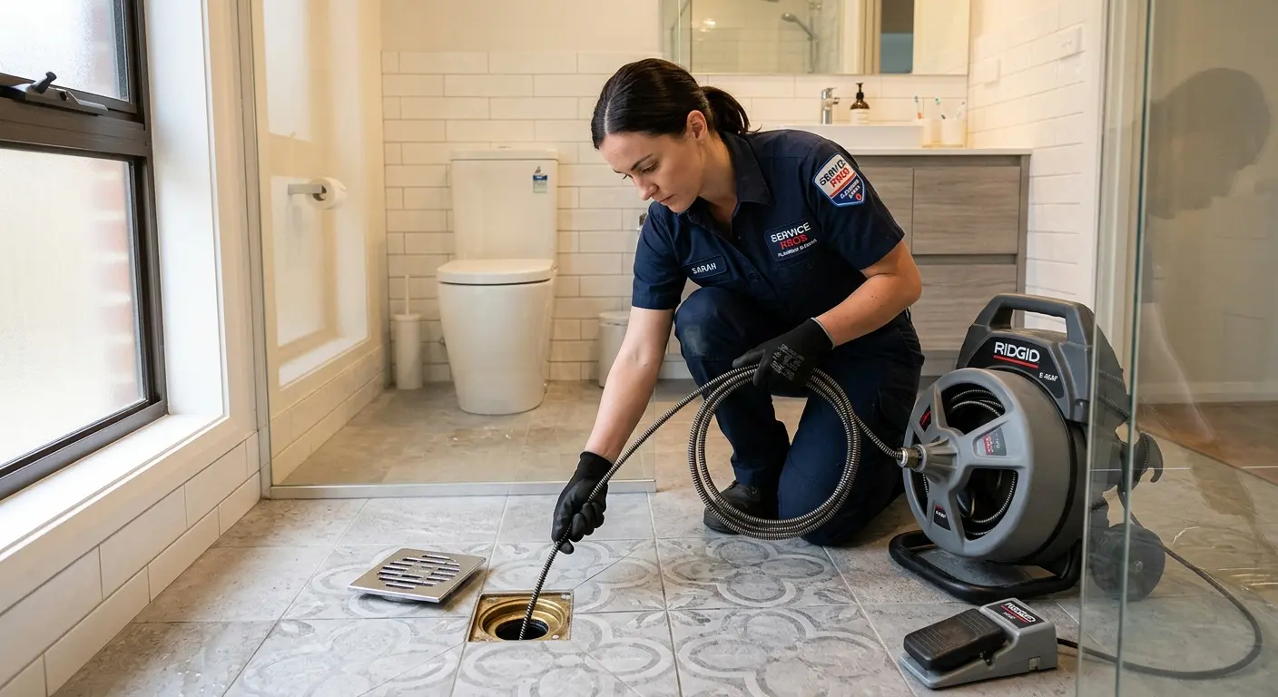 Technician clearing a bathroom floor drain for Clogged Drain Repair in Claymont